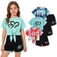 thumbnail image 1 of Fdqin Girls Summer Outfits 6 Pcs Tie-dye Heart Print Casual Short Sleeve Tee Tops and Dolphin Shorts Set Red Light Green Blue 7-8 Years, 1 of 10