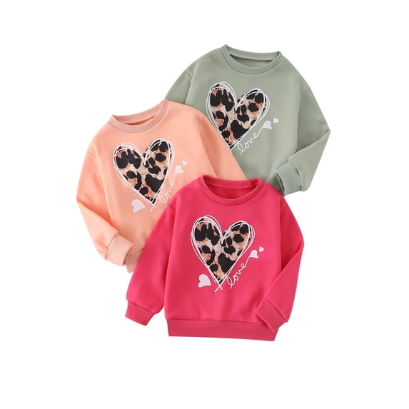 Fdqin Girls Sweatshirts Heart Printed 3pcs Long Sleeve Crewneck Pullover Tops Cute Fall Winter Casual Clothes,Orange Red Green,7-8Y