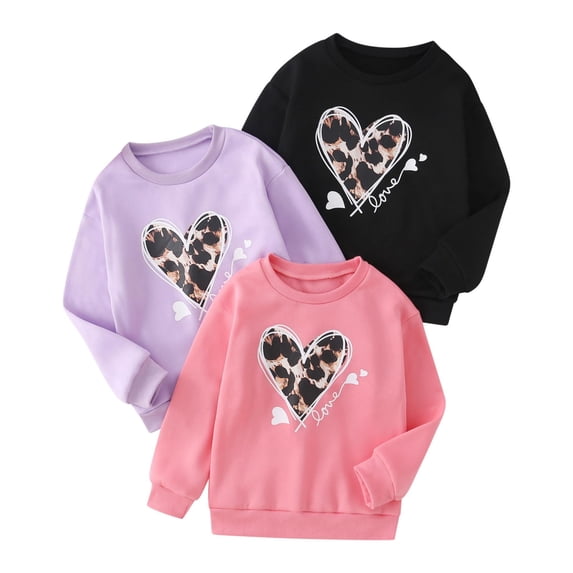Fdqin Girls Sweatshirts Heart Printed 3pcs Long Sleeve Crewneck Pullover Tops Cute Fall Winter Casual Clothes,Black Purple Pink,11-12Y