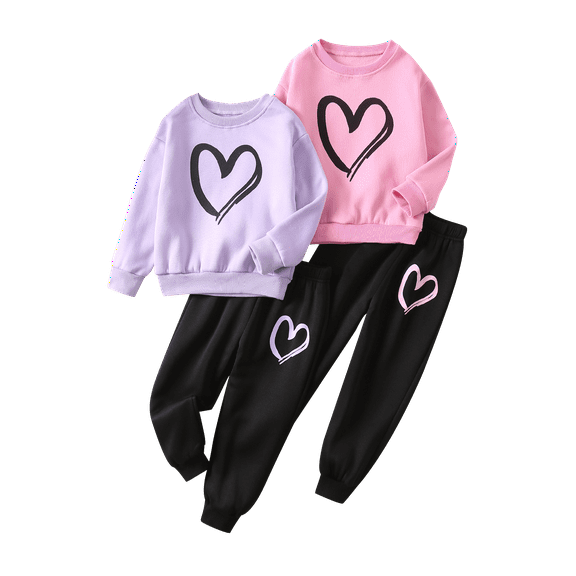 Fdqin Girls Sweatsuit 4 Pcs Heart Print Long Sleeve Sweatshirts and Joggers Sweatpants Fall Winter Clothing Sets Pink Purple 3-4 Years