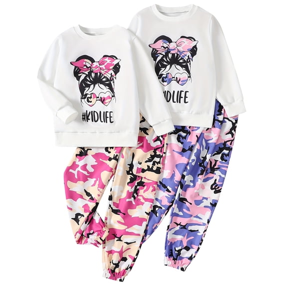 Fdqin Girls Sweatsuit 4 Pcs Long Sleeve Cartoon Print Sweatshirts and Cargo Sweatpants Fall Winter Clothing Sets Pink Purple 3-4 Years