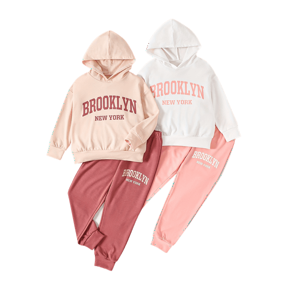 Fdqin Girls Sweatsuit 4 Piece Sweat Set Cute Hoodie Matching Jogger Sweatpants Clothes Red Pink 5-6 Years