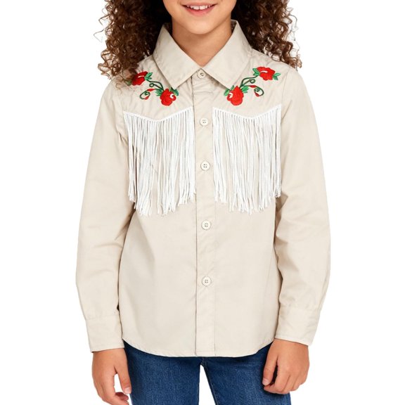 Fdqin Girls Western Shirt Floral Embroidered Cowgirl Shirts for Girls Long Sleeve Collared Retro Cowgirl Costume Cute Casual Blouses Apricot 11-12 Years
