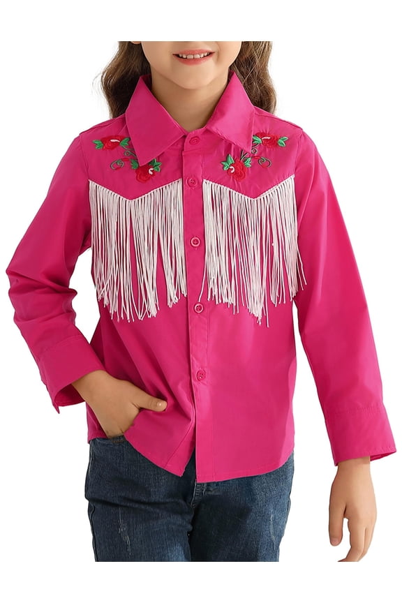 Girls Western Shirt Floral Embroidered Cowgirl Shirts for Girls Long Sleeve Collared Retro Cowgirl Costume Cute Casual Blouses Hot Pink 7-8 Years