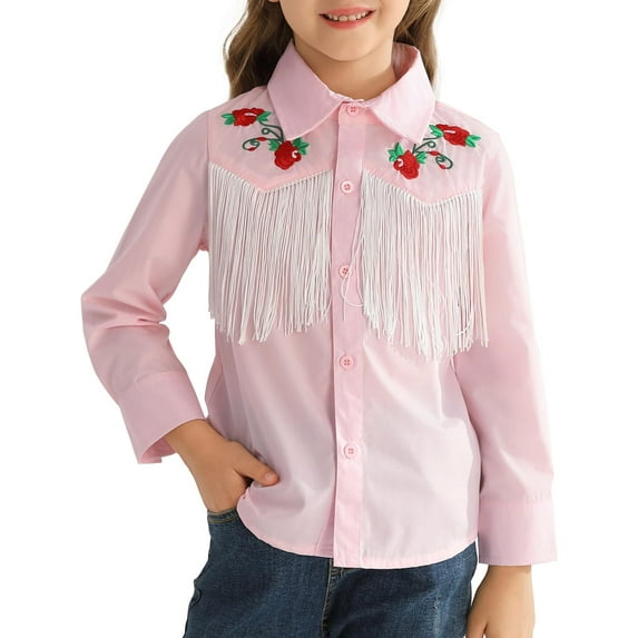 Fdqin Girls Western Shirt Floral Embroidered Cowgirl Shirts for Girls Long Sleeve Collared Retro Cowgirl Costume Cute Casual Blouses Pink 11-12 Years