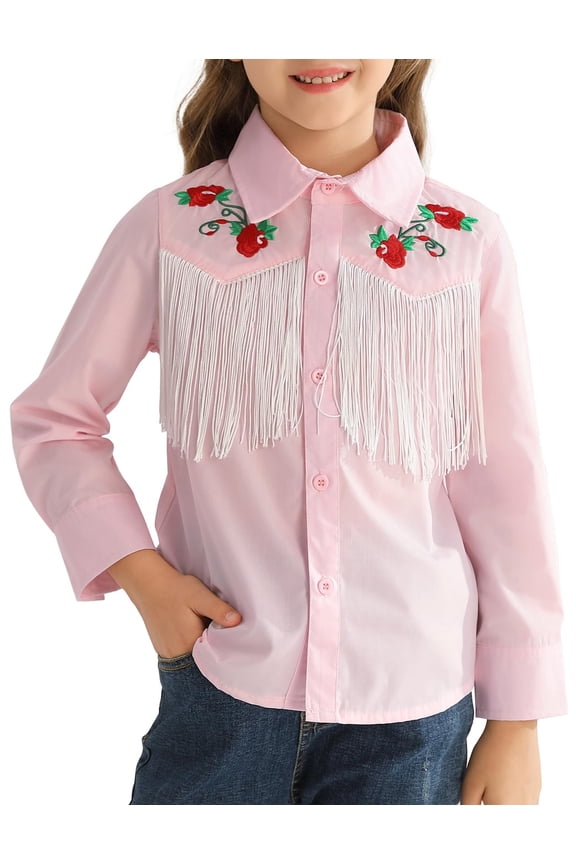 Girls Western Shirt Floral Embroidered Cowgirl Shirts for Girls Long Sleeve Collared Retro Cowgirl Costume Cute Casual Blouses Pink 5-6 Years