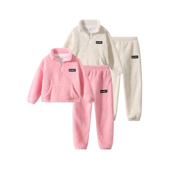 Fdqin Girls Winter Clothes 4 Pcs Fleece Fuzzy Half Zip Long Sleeve Sweatshirts and Pants Set Kids Fall Winter Outfit 5-6 Years