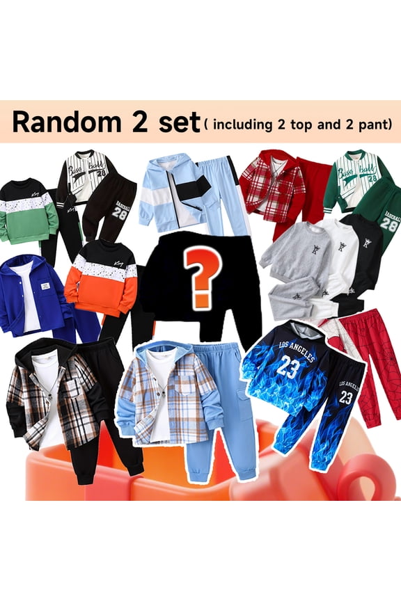 Random 2 Set Boys Outfit Sets Long Sleeve Shirt and Pants Set Sweatsuit for Fall Winter Spring Kids Clothes Blind Box 13-14 Years