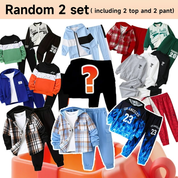 Fdqin Random 2 Set Boys Outfit Sets Long Sleeve Shirt and Pants Set Sweatsuit for Fall Winter Spring Kids Clothes Blind Box 3-4 Years