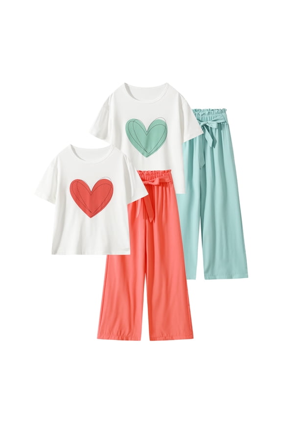 Summer Clothes for Girls 4 Pcs Heart Print Short Sleeve Top Wide Leg Jogger Pants Casual Outfits Red Green 5-6 Years