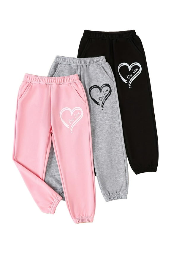 Sweatpants for Girls 3 Pcs Letter Graphic Print pants Kids Athletic Joggers Pants with Pockets Pink Grey Black 7-8 Years