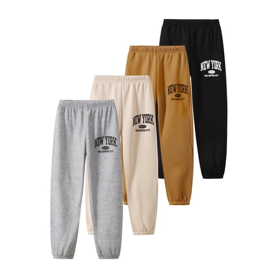 Fdqin Sweatpants for Girls 4 Pcs Letter Graphic Print pants Kids Athletic Joggers Pants with Pockets Gray Brown Black Apricot 4-5 Years