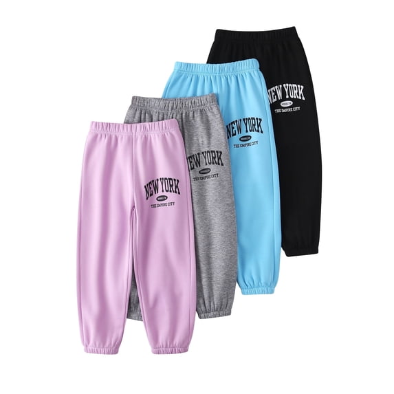Fdqin Sweatpants for Girls 4 Pcs Letter Graphic Print pants Kids Athletic Joggers Pants with Pockets Pink Grey Blue Black 13-14 Years