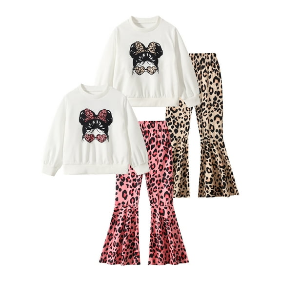 Fdqin Toddler Girl Clothes 4 Pieces Cute Graphic Print Top and Leopard Flared Pants Fall Winter Clothing Set Pink Khaki 4-5 Years