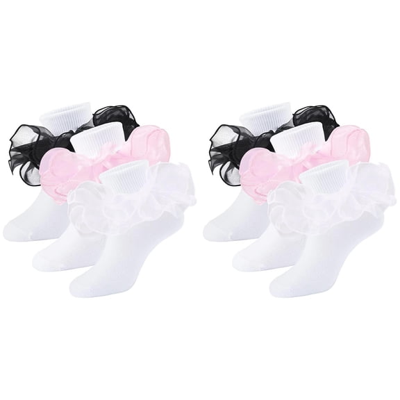 Fdrone 3 Pair Girls Black Ruffle Socks Double Lace Frilly Dress Socks Kids Turn Cuff Socks Princess Dress Cotton Ankle Socks for Toddler Little Girls