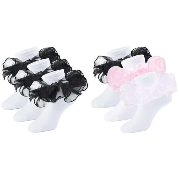 Fdrone 3 Pair Girls Black Ruffle Socks Double Lace Frilly Dress Socks Kids Turn Cuff Socks Princess Dress Cotton Ankle Socks for Toddler Little Girls