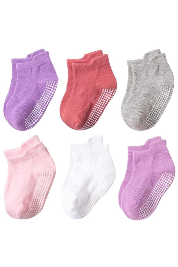 6 Pairs Non Slip Grip Ankle Boys and Girls Socks with Non Skid Grips Warm Crew Socks for Babies Toddlers Kids Boys Girls Back to School (3-5 Years, Purple)