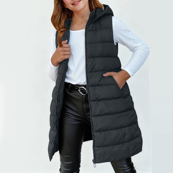 Fdrone Girls Boys Puffer Vest Long Vest Solid Color Sleeveless Hood Puffer Vest Outwear Soft Long Sleeveless Zip Up Hooded Vests Coat for Kids Warm Fall Winter Clothes