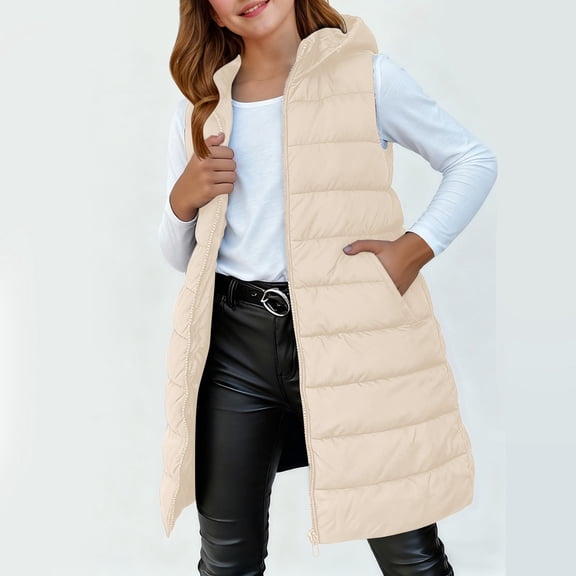 Fdrone Girls Boys Puffer Vest Long Vest Solid Color Sleeveless Hood Puffer Vest Outwear Soft Long Sleeveless Zip Up Hooded Vests Coat for Kids Warm Fall Winter Clothes