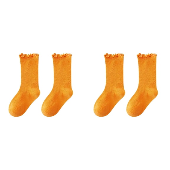 Fdrone Girls Spring and Summer Mid Thigh Socks Solid Color Comfort Soft Breathable Cotton Ruffle Crew Socks Thin Stripe Turn-Cuff Cute Socks for Kids (3-5 Years, Orange)