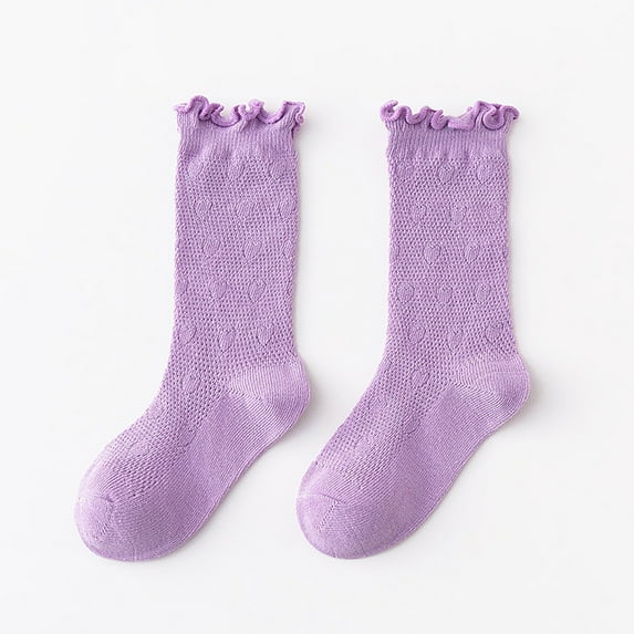 Fdrone Girls Spring and Summer Mid Thigh Socks Solid Color Comfort Soft Breathable Cotton Ruffle Crew Socks Thin Stripe Turn-Cuff Cute Socks for Kids (3-5 Years, Purple)