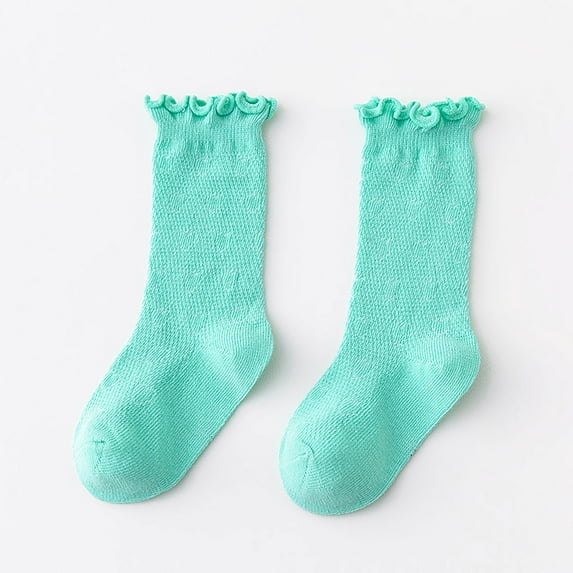 Fdrone Girls Spring and Summer Mid Thigh Socks Solid Color Comfort Soft Breathable Cotton Ruffle Crew Socks Thin Stripe Turn-Cuff Cute Socks for Kids (3-5 Years, Mint Green)