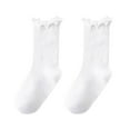 thumbnail image 1 of Fdrone Girls Spring and Summer Mid Thigh Socks Solid Color Comfort Soft Breathable Cotton Ruffle Crew Socks Thin Stripe Turn-Cuff Cute Socks for Kids (9-12 Years, White), 1 of 8