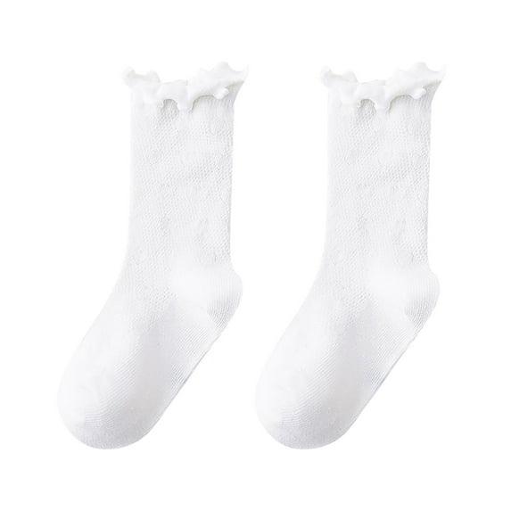 Fdrone Girls Spring and Summer Mid Thigh Socks Solid Color Comfort Soft Breathable Cotton Ruffle Crew Socks Thin Stripe Turn-Cuff Cute Socks for Kids (9-12 Years, White)