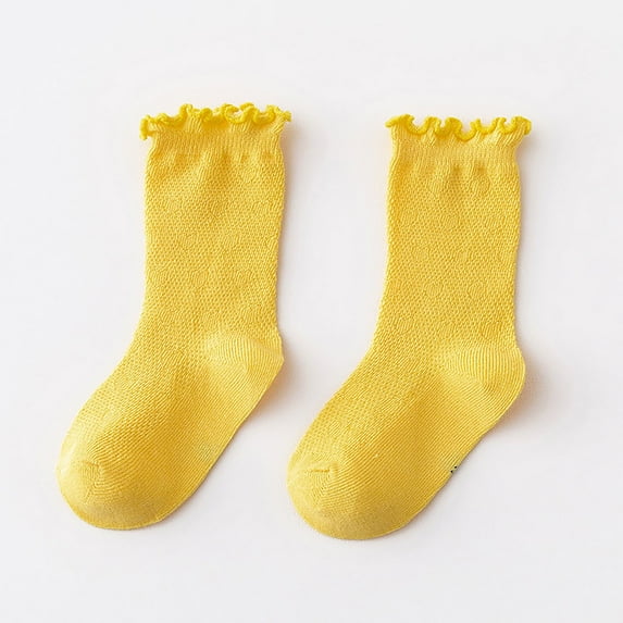 Fdrone Girls Spring and Summer Mid Thigh Socks Solid Color Comfort Soft Breathable Cotton Ruffle Crew Socks Thin Stripe Turn-Cuff Cute Socks for Kids (9-12 Years, Yellow)