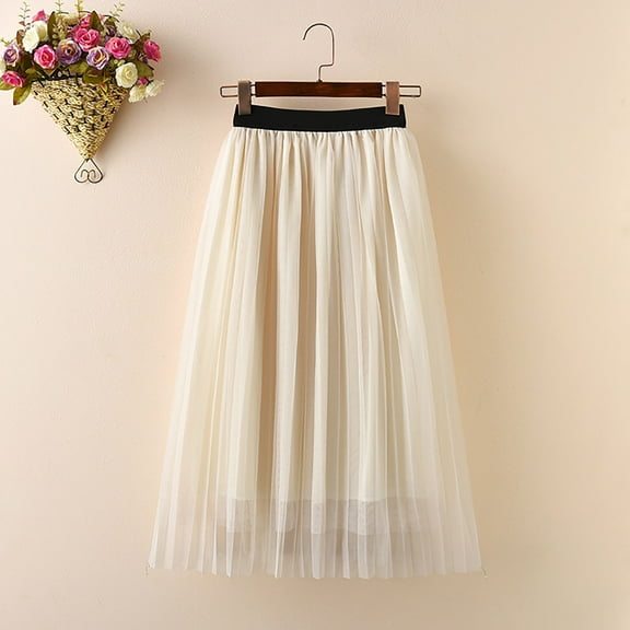 Fdrone Girls Tulle Mesh A-line Skirts Pleated Maxi Tulle Flowy Skirt High Waist Long Midi Skirts Solid Color Elastic Waist Skirts for Casual Party (1-3Years, Beige)