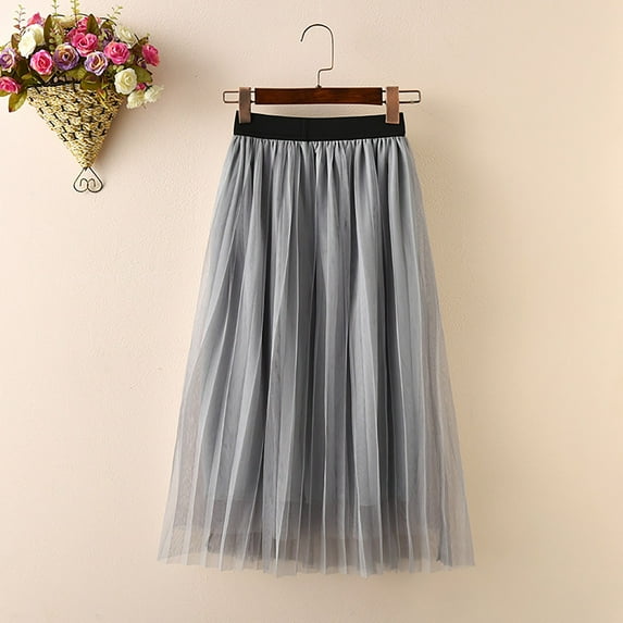 Fdrone Girls Tulle Mesh A-line Skirts Pleated Maxi Tulle Flowy Skirt High Waist Long Midi Skirts Solid Color Elastic Waist Skirts for Casual Party (3-5Years, Grey)