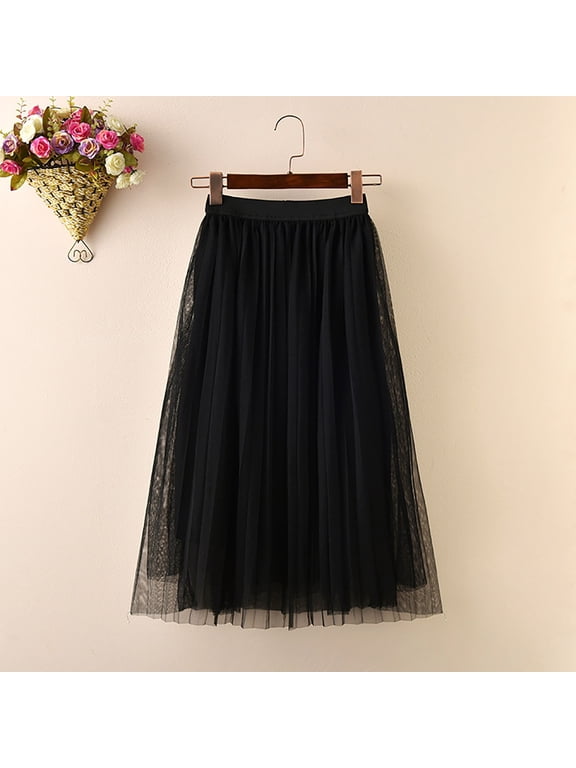 Girls Tulle Mesh A-line Skirts Pleated Maxi Tulle Flowy Skirt High Waist Long Midi Skirts Solid Color Elastic Waist Skirts for Casual Party (3-5Years, Black)