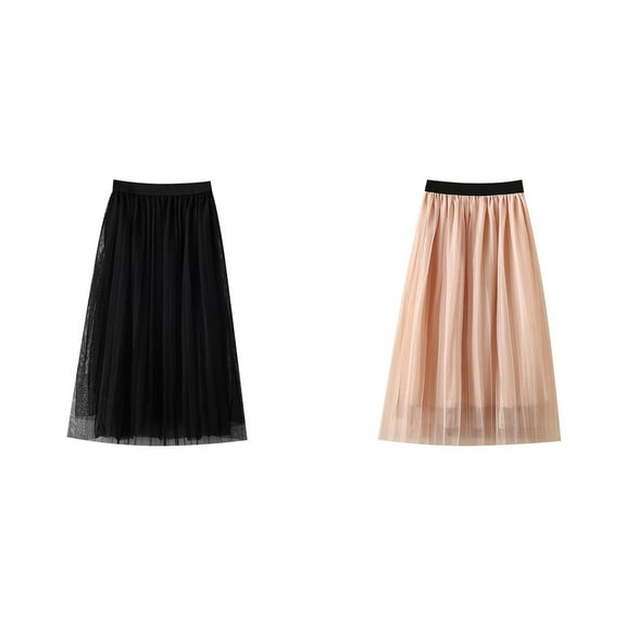 Fdrone Girls Tulle Mesh A-line Skirts Pleated Maxi Tulle Flowy Skirt High Waist Long Midi Skirts Solid Color Elastic Waist Skirts for Casual Party