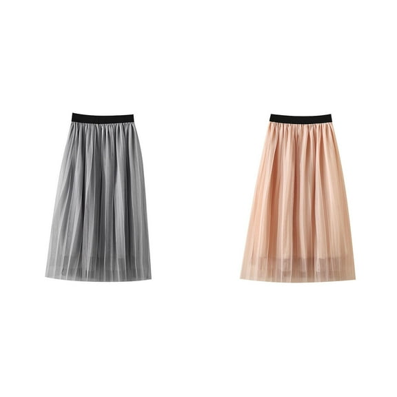 Fdrone Girls Tulle Mesh A-line Skirts Pleated Maxi Tulle Flowy Skirt High Waist Long Midi Skirts Solid Color Elastic Waist Skirts for Casual Party