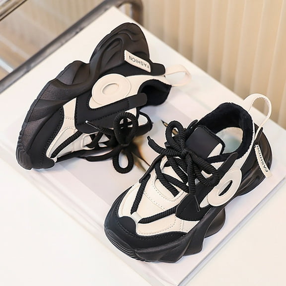 Fdrone Kids Girls Leather Lace Up Platform Chunky Heels Sneakers Casual Breathable Lace Up Walking Running Dad Shoes Comfortable Fashion Sneakers (6-7 Years, Black)