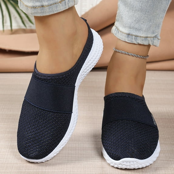 Fdrone Knitted Mesh Flat Mules Shoes with Arch Support for Women Backless Breathable Mesh Fabric Non-Slip Soft Soles Comfort Slip-on Outdoor Summer Walking Sneakers Slippers