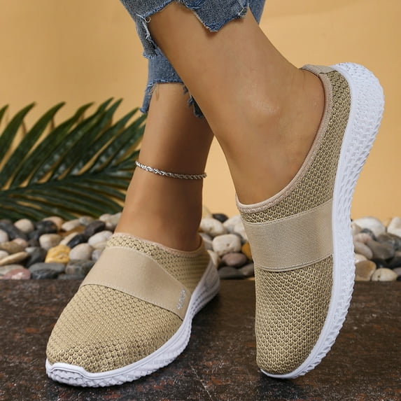 Fdrone Knitted Mesh Flat Mules Shoes with Arch Support for Women Backless Breathable Mesh Fabric Non-Slip Soft Soles Comfort Slip-on Outdoor Summer Walking Sneakers Slippers