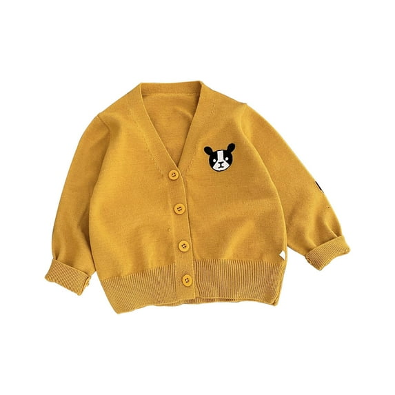 Fdrone Toddler Baby V-Neck Knit Cardigan Sweater with Cute Dog Embroidery Solid Color Loose Sweater Button Closed Casual Fall Winter Cardigan for Boys Girls