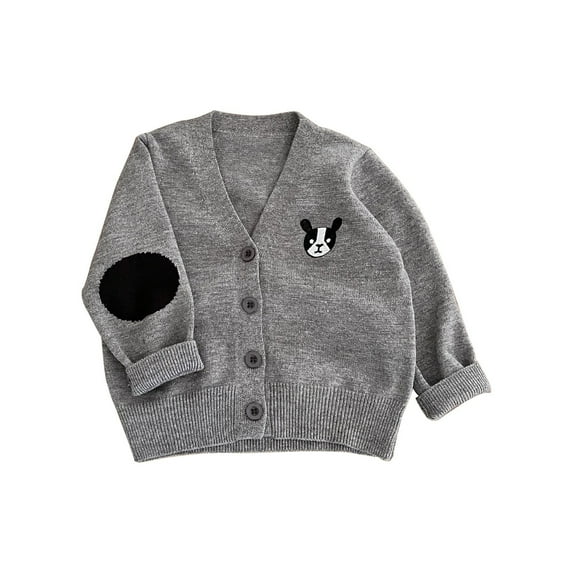 Fdrone Toddler Baby V-Neck Knit Cardigan Sweater with Cute Dog Embroidery Solid Color Loose Sweater Button Closed Casual Fall Winter Cardigan for Boys Girls