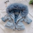 thumbnail image 1 of Fdrone Toddler Girls Denim Jacket Faux Fur Collar Hooded Jean Coat Baby Sweater Puffer Zipper Coats Winter Warm Thicken Fleece Lined Plush Outwear Snowsuit, 1 of 5