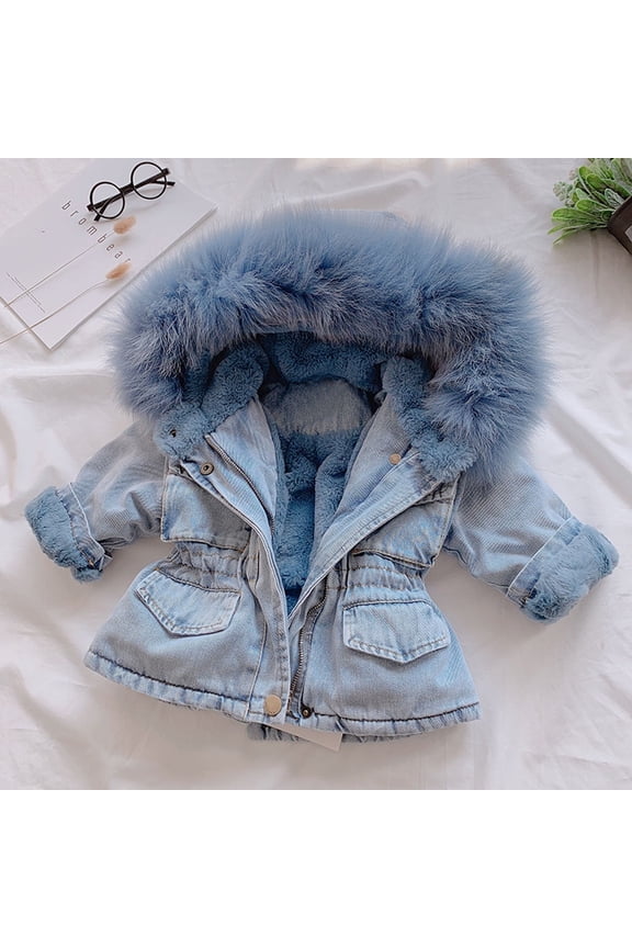 Toddler Girls Denim Jacket Faux Fur Collar Hooded Jean Coat Baby Sweater Puffer Zipper Coats Winter Warm Thicken Fleece Lined Plush Outwear Snowsuit