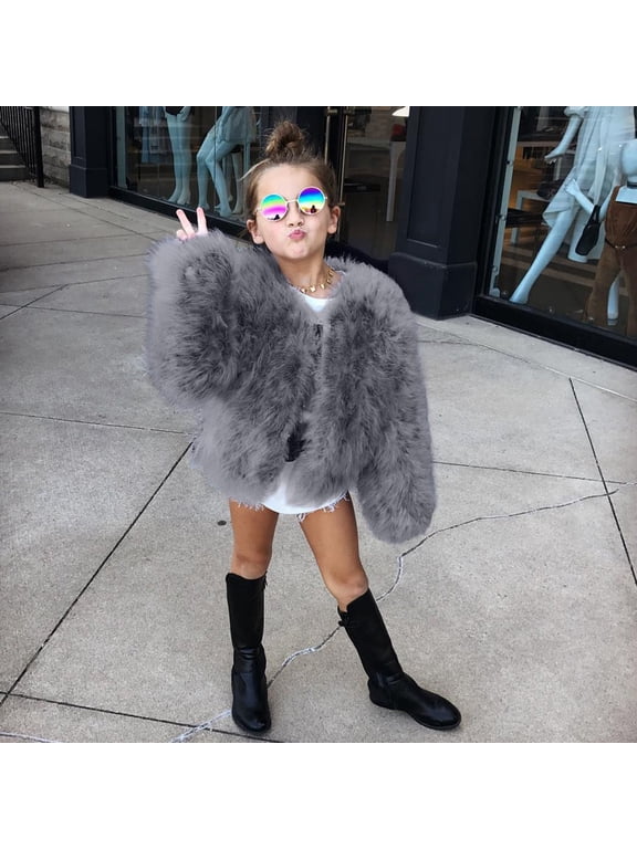 Toddler Kids Girls Faux Fur Jacket Long Sleeve Open Front Cardigan Fleece Jackets Coat Winter Warm Thicken Fluffy Jackets Furry Shaggy Parka Outerwear