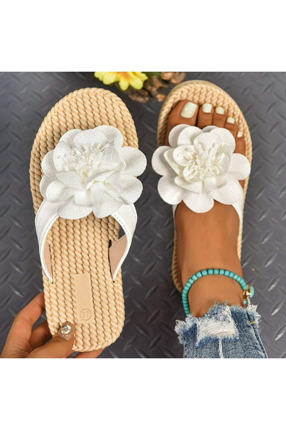 Women Dressy Flip Flops - Flat Open Toe Flower Shoes Non-Slip Sole with Lace Flower Woven Outsole Comfortable Beach Arch Support Soft Sole Footwear