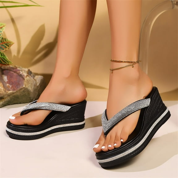 Fdrone Womens Wedge Platform Low Platform T-Strap Jewel Sandals Slip on Slide Sandals Sparkly Strap Open Toe High Heel Lightweight Casual Thong Slippers
