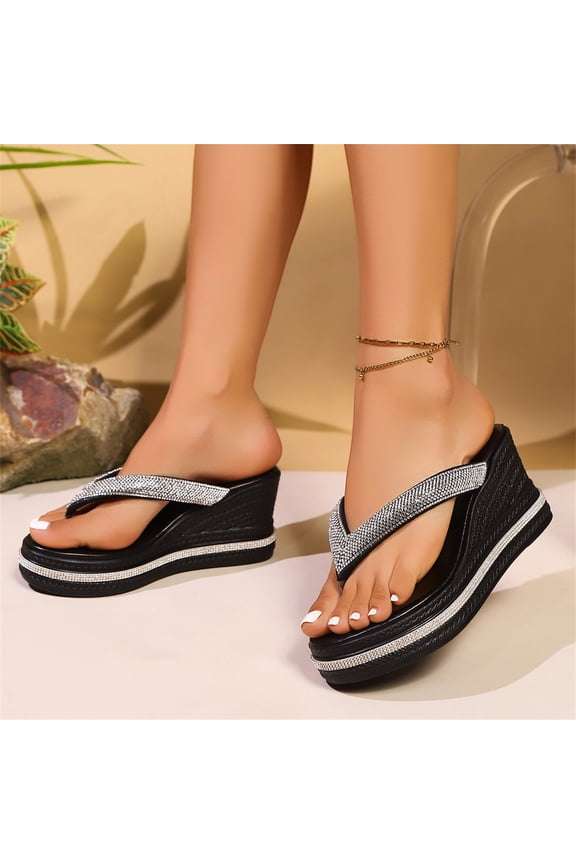 Womens Wedge Platform Low Platform T-Strap Jewel Sandals Slip on Slide Sandals Sparkly Strap Open Toe High Heel Lightweight Casual Thong Slippers