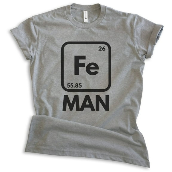 Fe Man T-shirt, Unisex Women's Men's Shirt, Funny Science Superhero Periodic Table Elements, Dark Heather Gray, Small