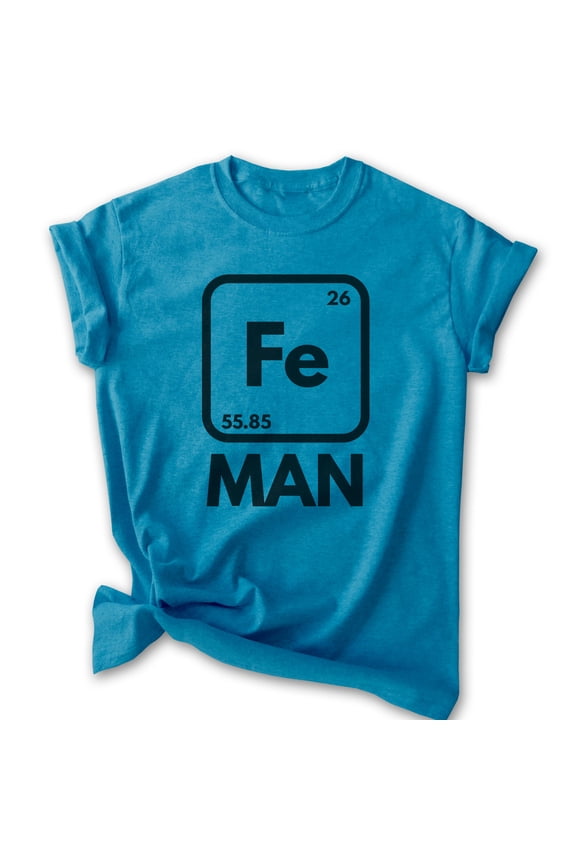 Fe Man T-shirt, Unisex Women's Men's Shirt, Funny Science Superhero Periodic Table Elements, Heather Blue, Small