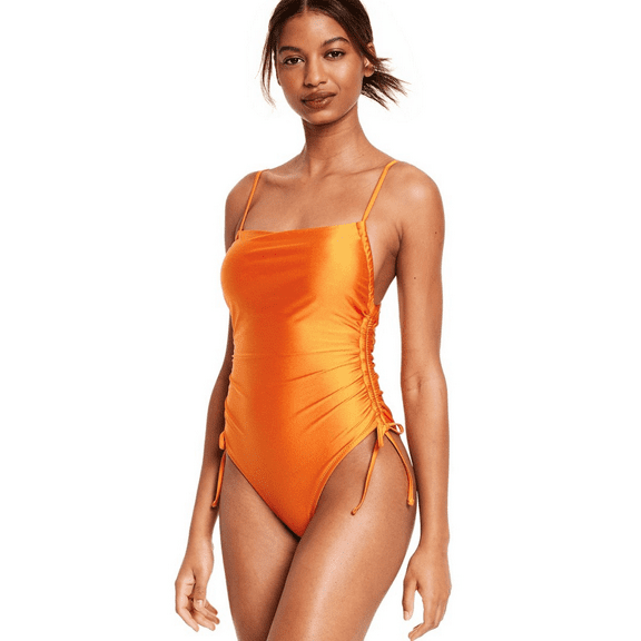 Fe Noel Women's Metallic Side-Ruched High Leg Cheeky One Piece Swimsuit - (Orange, Small)