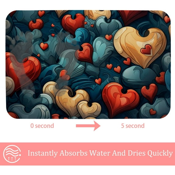 FeBohao Bath Mat Bathroom Rug Highly Absorbent Non Skid Technical Cloth Fabric Door Entryway Carpet Pad Rubber Bottom Big Rectangle Collapsible Colorful Print Pattern Aesthetic Women Hearts Battle