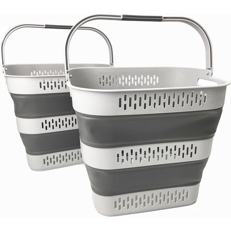 FeGe 40L (10.5 Gallon) Collapsible Plastic Laundry Basket with Handles - Foldable Pop Up Storage Container/Organizer - Portable Laundry Hamper - Space Saving (2, Grey)